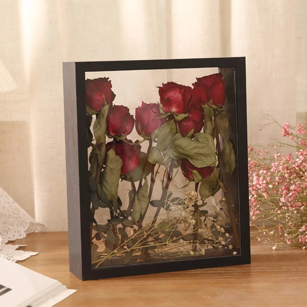 cadre fleurs séchées bois transparent bouquet display box storage décoration intérieure clips rustique naturel