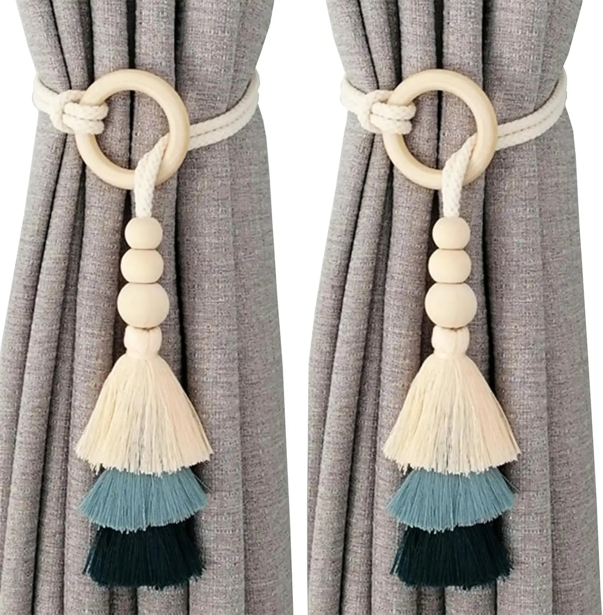 boucles rideau boho chic franges tissu coton beige blanc cassé anneaux circulaires fixations rideaux