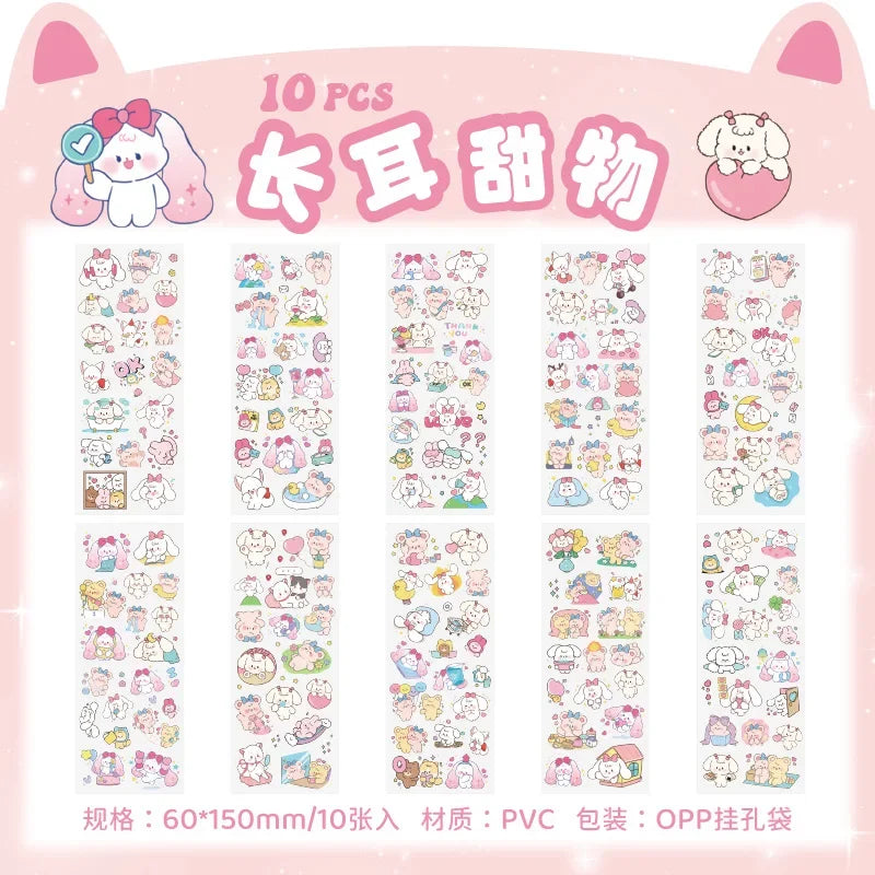 sticker kawaii adhésif dessins animés chats floraux textes scrapbooking transparent rose vert bleu blanc