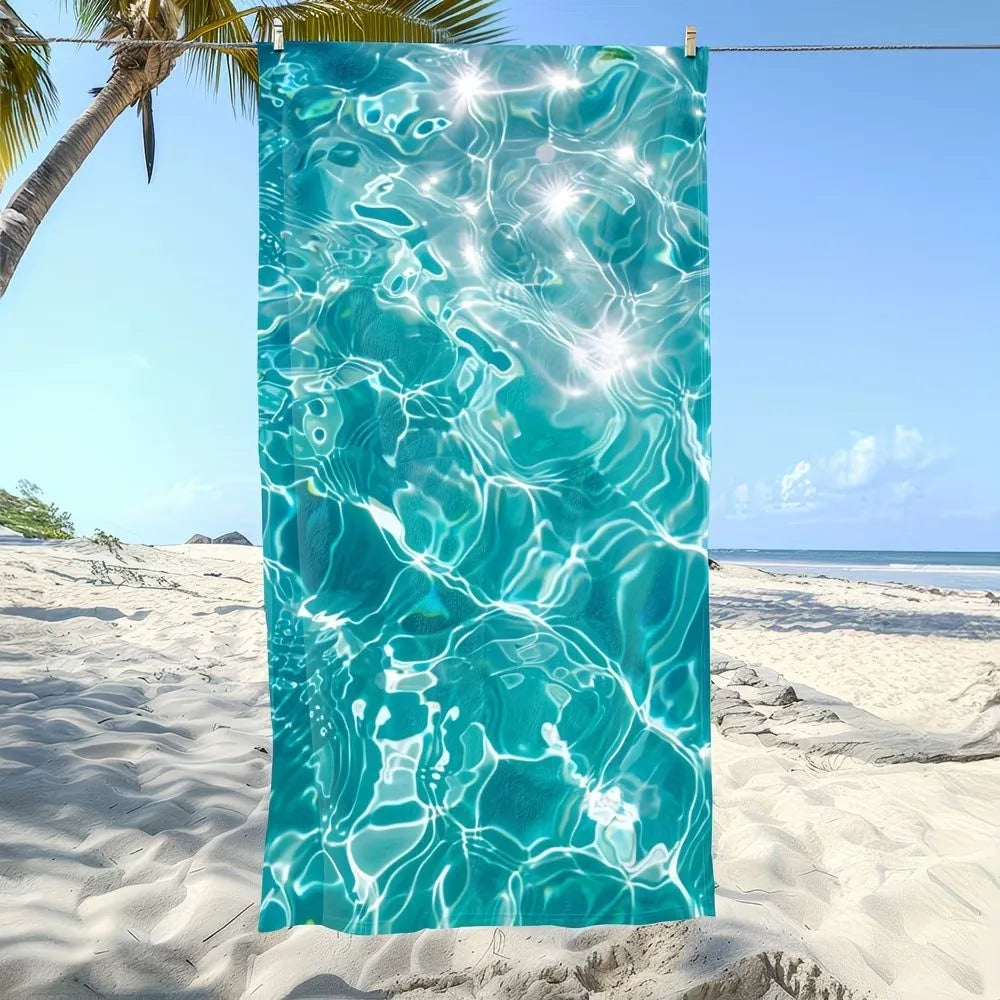 serviette plage microfibre séchage rapide absorption longue durée motif aquatique moderne bleu turquoise clips