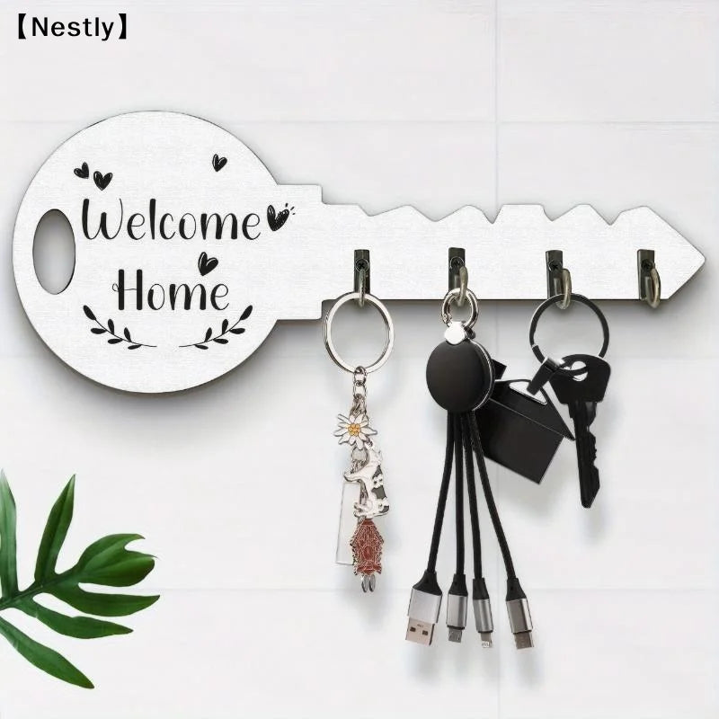 porte clés mural décoration moderne noir blanc welcome crochets métalliques chargeurs usb coeurs feuilles