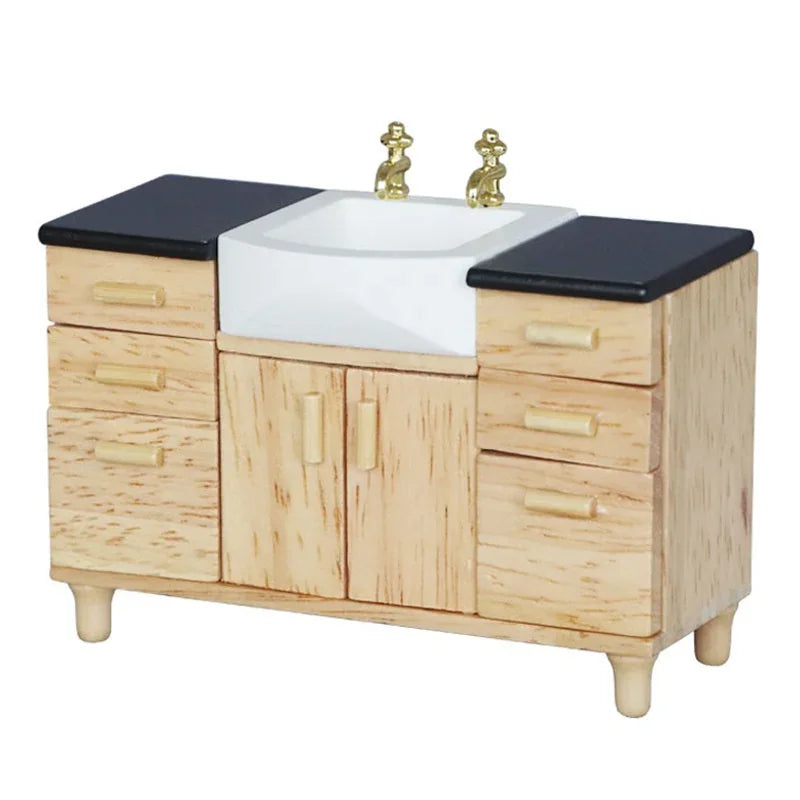 meuble salle bain miniature bois tiroirs porte évier blanc robinets dorés moderne
