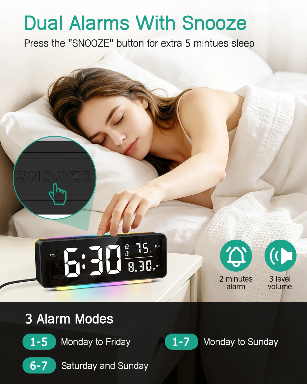 horloge numérique moderne led veilleuse rgb noir ambiancé affichage heure date