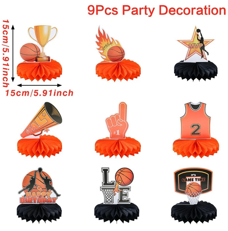décoration fête anniversaire basket ball assiettes gobelets serviettes guirlande ballon bouteille table orange noir