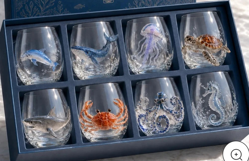 verre vin transparent animaux marins crabe hippocampe pieuvre décoration marineOpaque