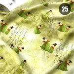 tissu imprimé chinois personnages traditionnels bambous fleurs beige vert bleu rose