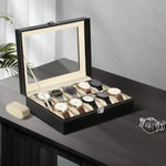 boîte montres cuir noir simili 12 emplacements tissu beige classique cordon serrage présentoir bijoux