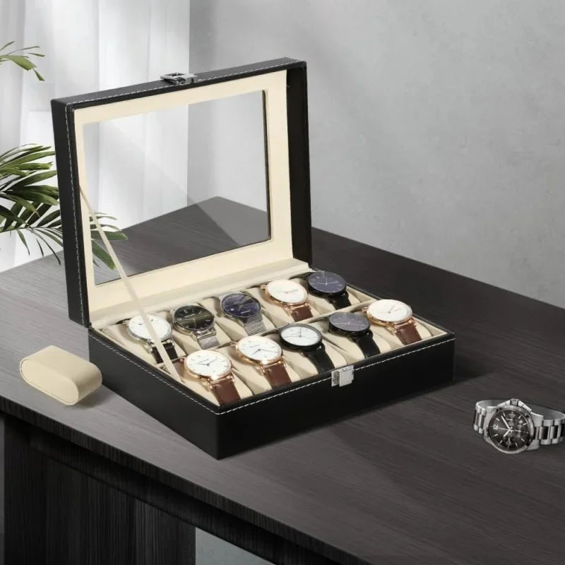 boîte montres cuir noir simili 12 emplacements tissu beige classique cordon serrage présentoir bijoux