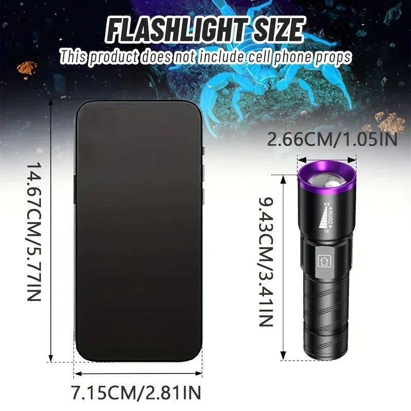 lampe torche uv led 395 365nm zoomable mini ultraviolet moderne noire violette