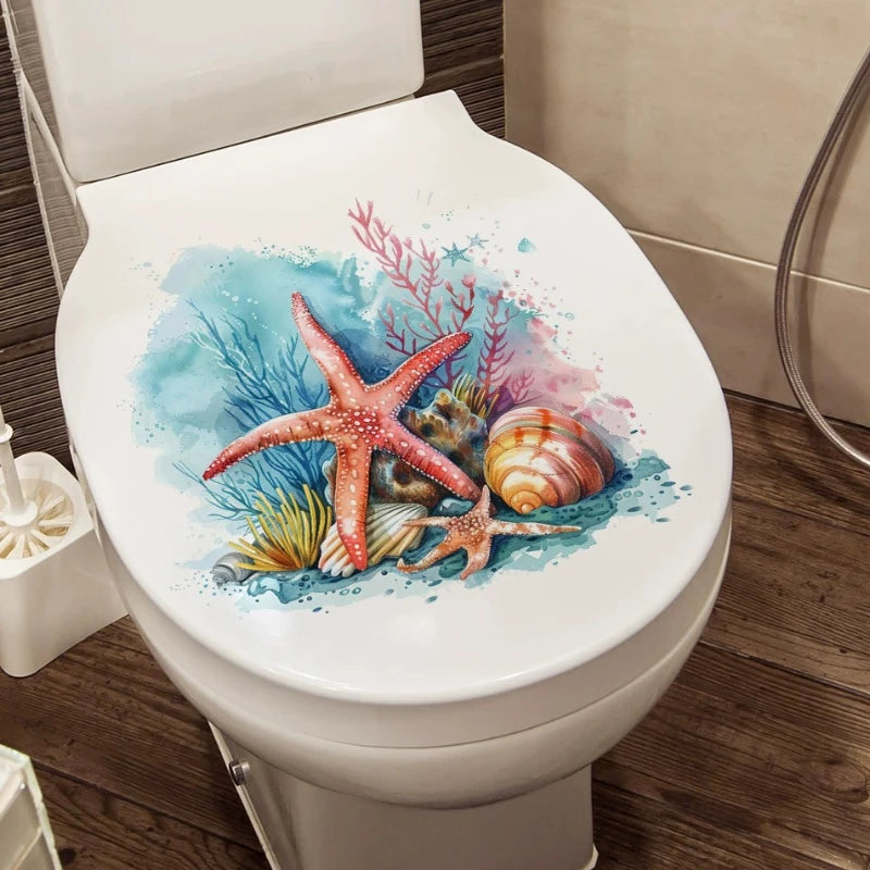 autocollant toilette sous marin étoiles mer hippocampes coraux poissons couleurs vives salle bains pvc