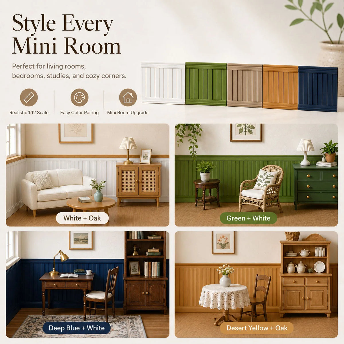 panneaux parement blanc vert chêne jaune bleu adhésif maison poupée texture mat moderne minimaliste