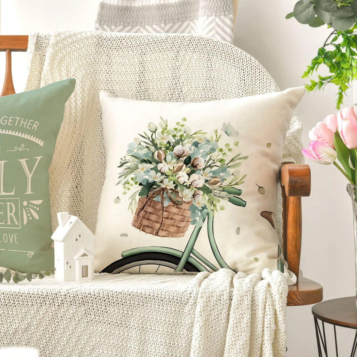 housse coussin carré motif floral vert clair beige rustique polyester lavable glissière invisible 45cm