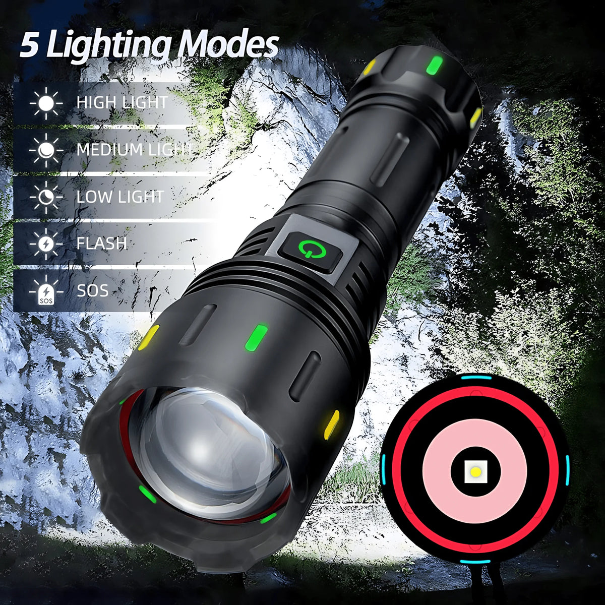 lampe torche tactique noire 2000 lumens 30w 1500m étanche ipx6 zoom led rechargeable usb