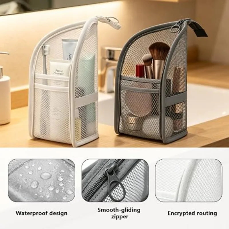 organisateur voyage toile maille eva imperméable cordon serrage brosse dents rasoir crèmes bouteille parfum