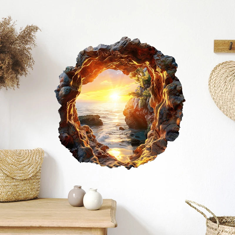 autocollants murals paysage marin coucher soleil rochers eau vague adhésifs chambre décoration réaliste 3d