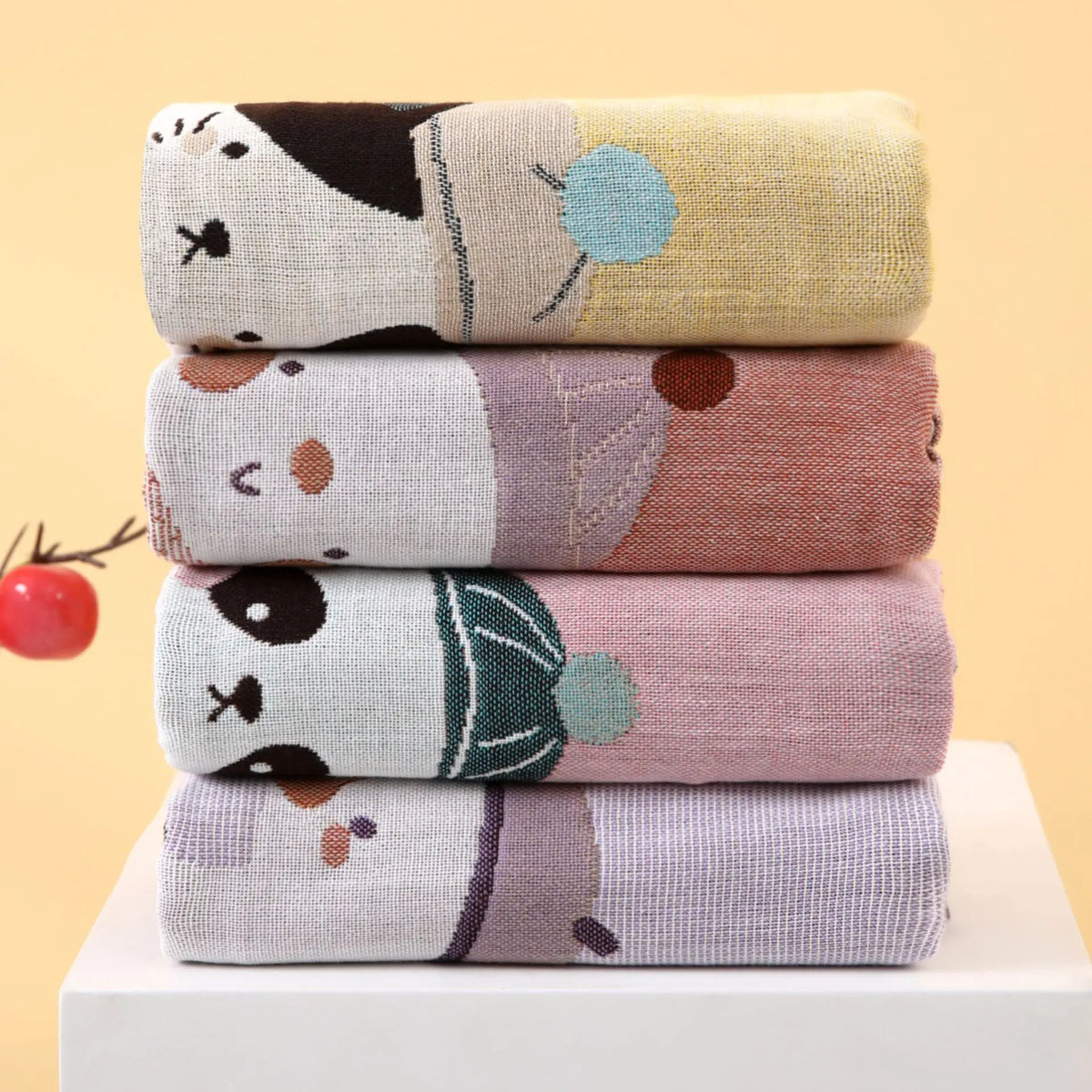 serviettes coton biologique noël dessins animaux ours panda chat ours polaire rose gris bleu