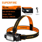 lampe frontale led noire orange rayures superfire ip44 modes sensor switch