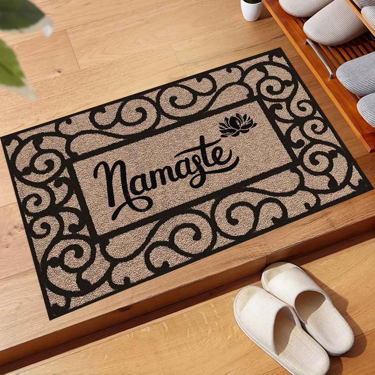 tapis d'entrée beige motif floral antidérapant adhésif moderne classiqueextérieur résistant