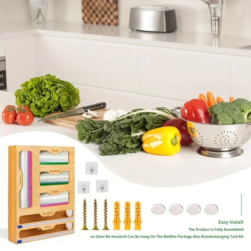 boîte rangement sacs ziplock pellicules bois naturel vis moderne pratique cuisine