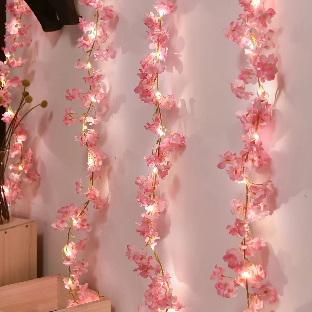 guirlande lumineuse fleurs artificielles rose clair extérieure intérieure vacances décoration festive led 200cm 20leds