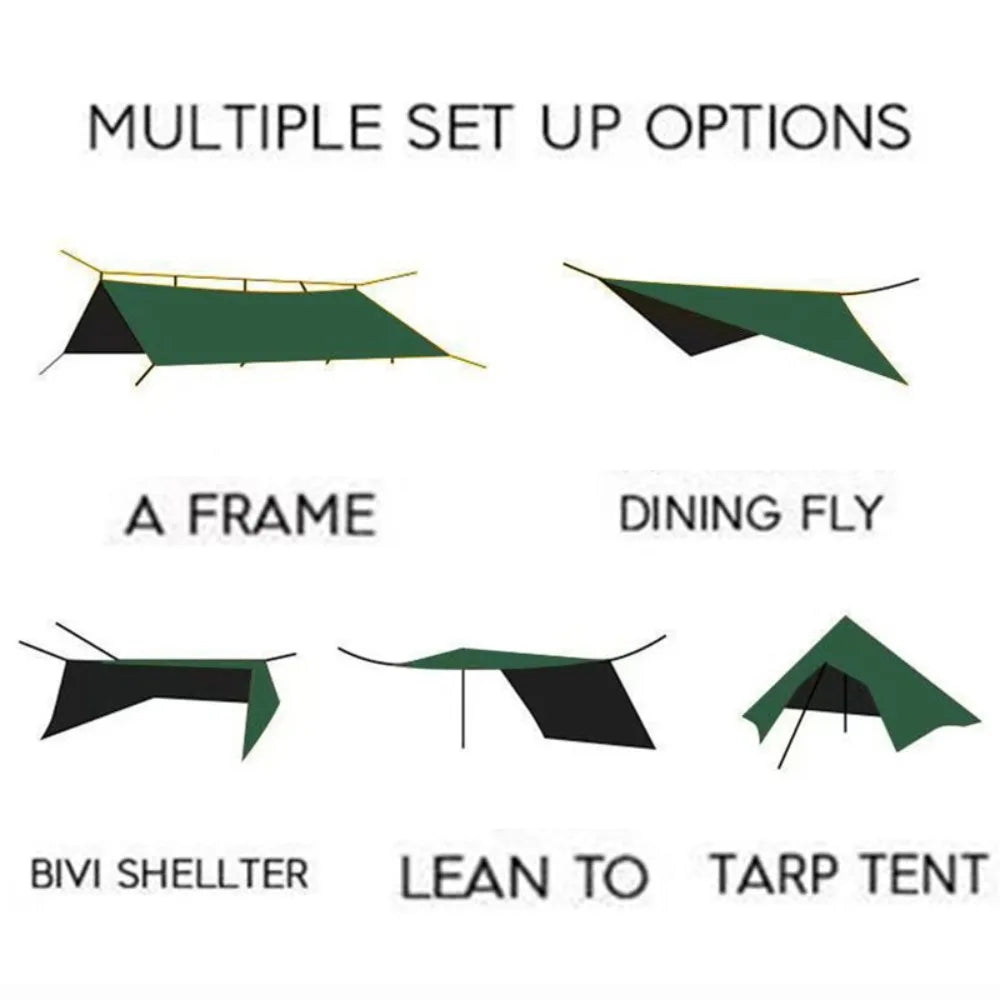 tarp polyvalent camping abri toile épaisse occlusion variable configurations multiples adaptateur