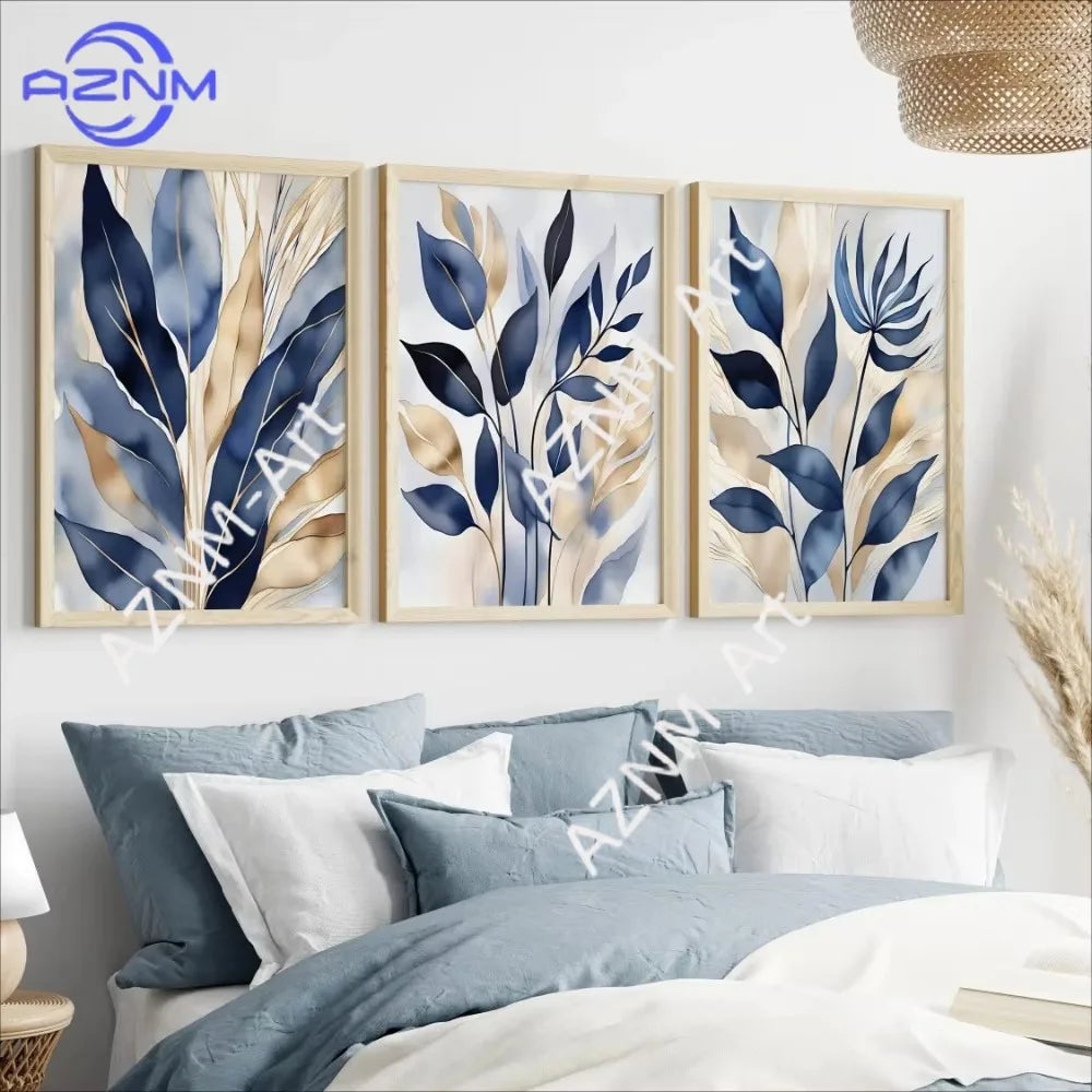 tableau moderne abstrait bleu marine feuilles stylisées toile doré décoration intérieure unique impression murale
