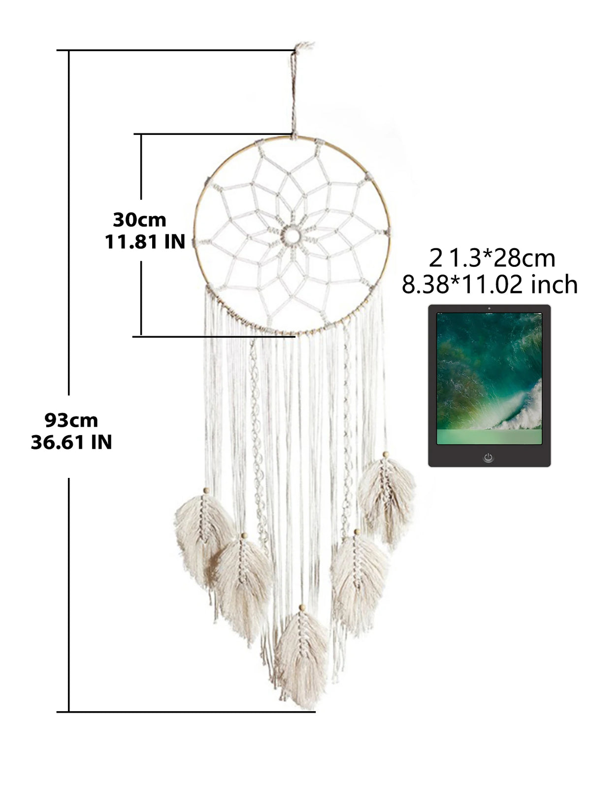 attrape rêves boho macramé feuilles plumes beige marron clair artisanal crochet métallique franges chambre