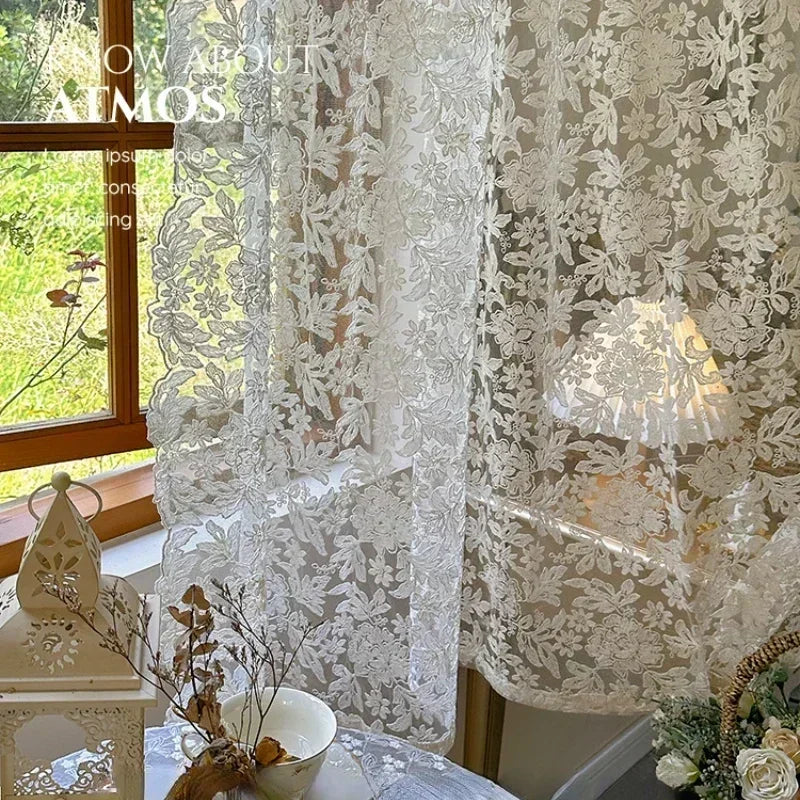rideau tulle blanc floral dentelle transparent classique moderne chambre salon polyester