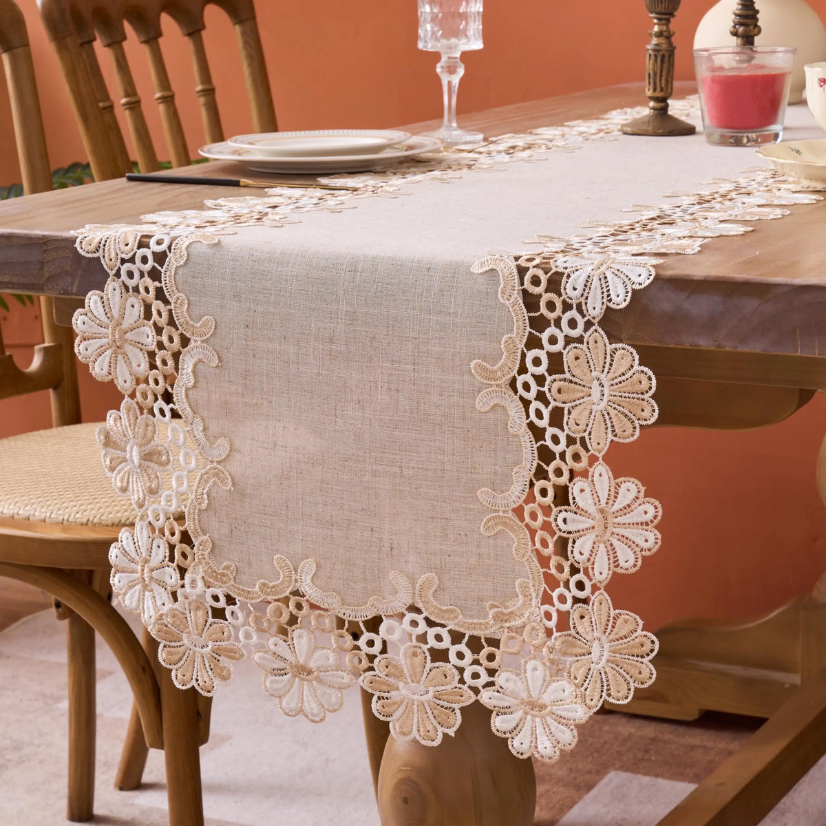 chemin table beige broderie florale texture lin classique vintage polyester maison
