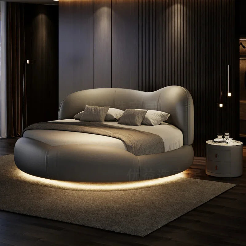 lit rond moderne tête rembourrée éclairage led tables chevet gris clair taupe