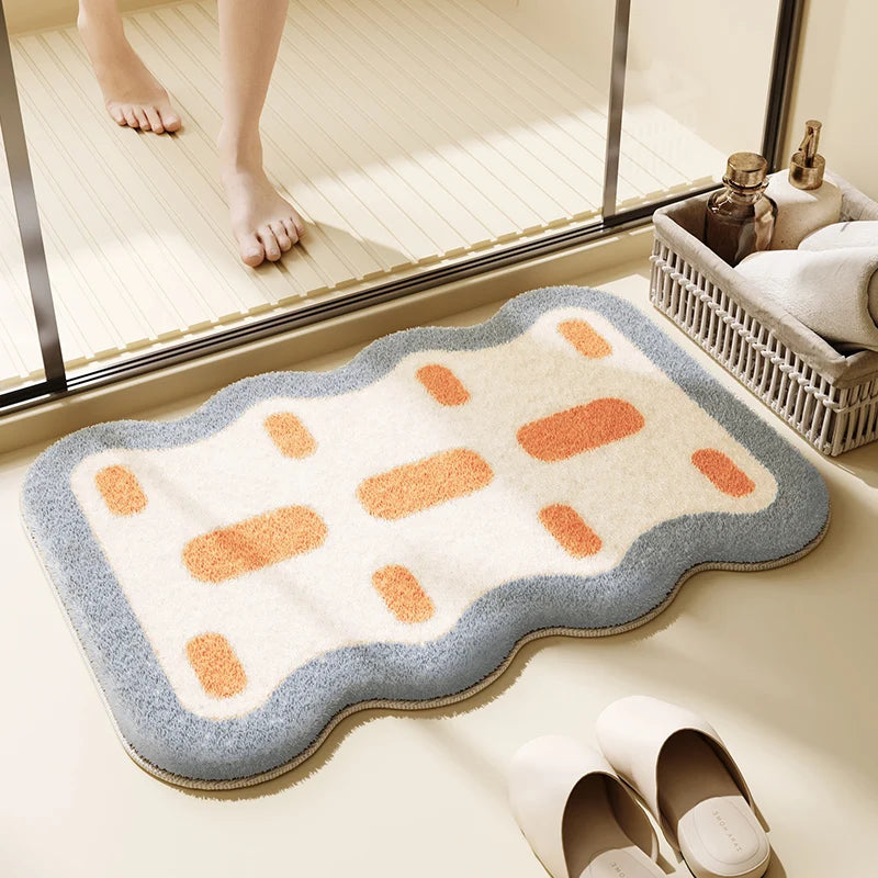 tapis bain antidérapant polyester moderne gris blanc orange marron géométrique floral salle bain cuisine