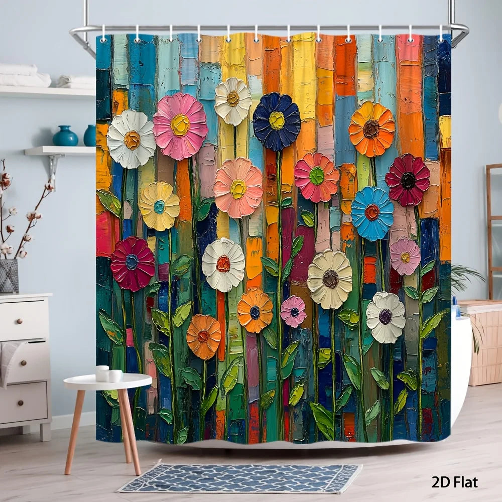 rideau douche moderne floral multicolore métalliques texturé fleurs stylisées 180x180cm opaque