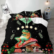 housse couette motifs champignons grenouilles feuilles literie enfant polyester noir blanc rouge marron orange