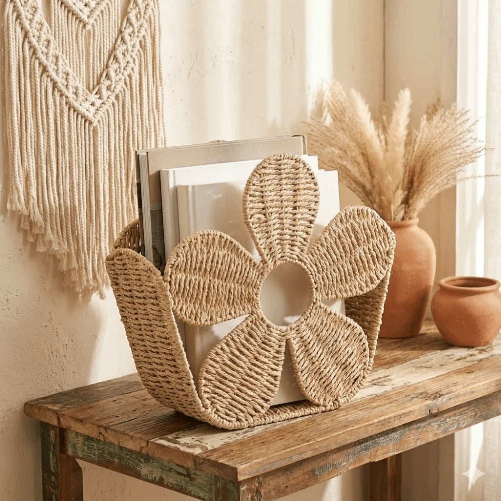 panier tressé bohème rangement livres magazines fleuri couleur beige naturel rustique intérieur decoration