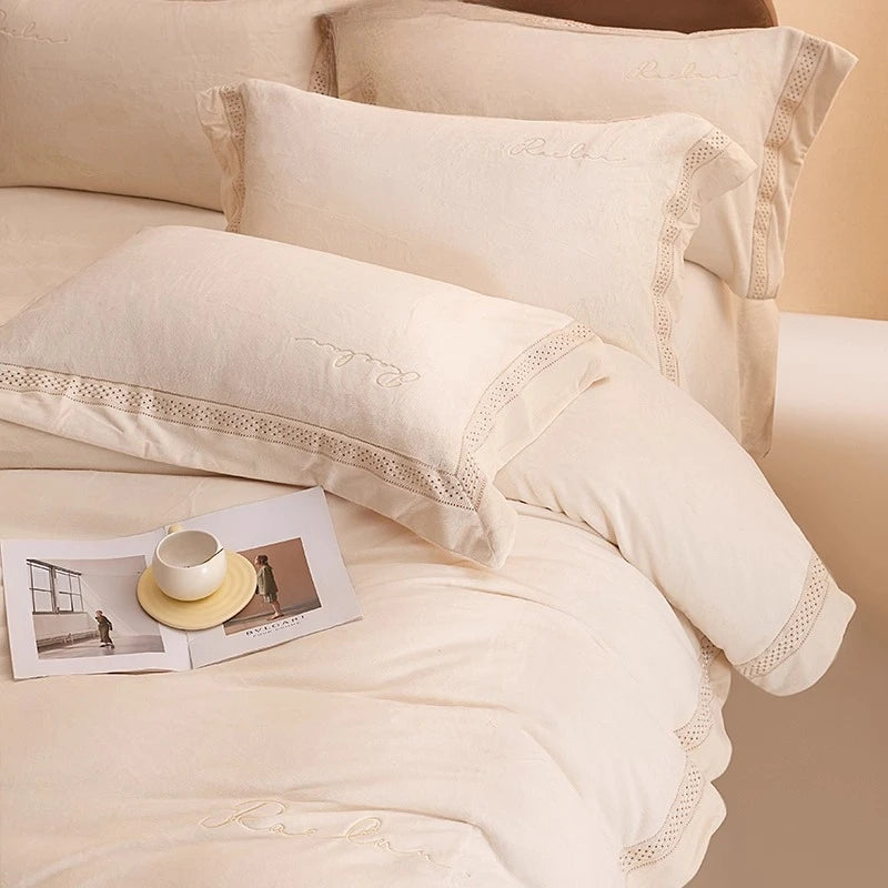 ensemble literie flanelle beige motif brodé simple housses couette taies d'oreiller drap plat classique