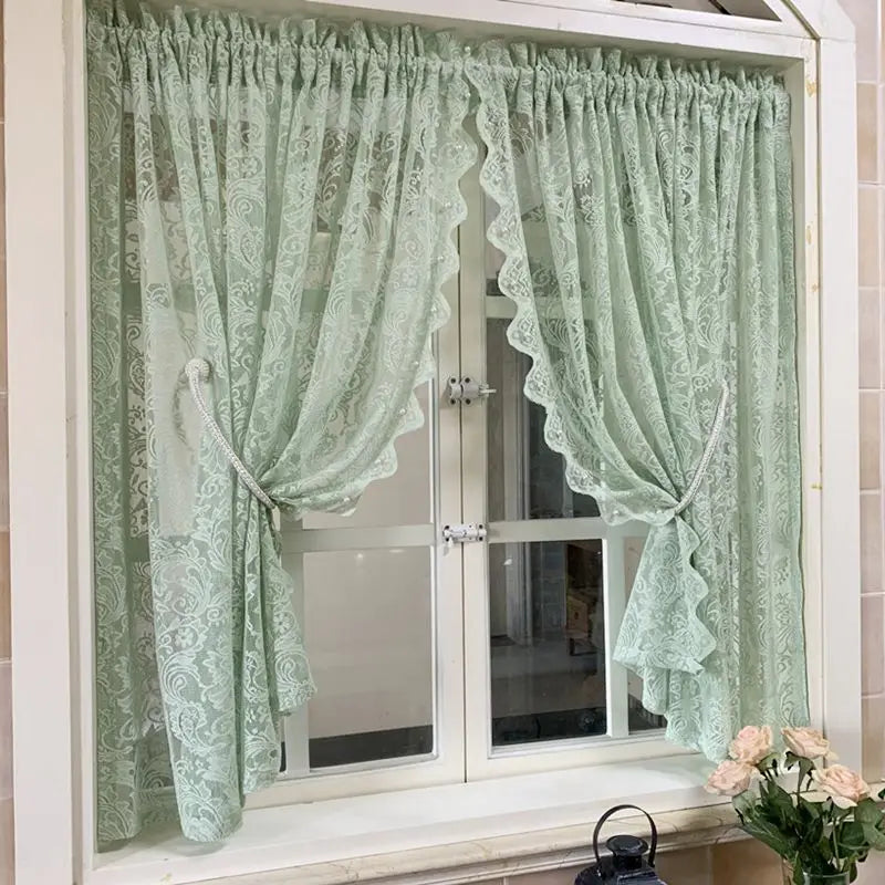rideau vert menthe dentelle fleurs romantique champêtre floral transparent fenêtre