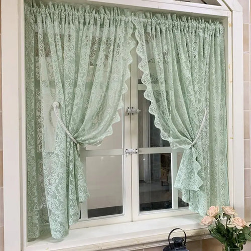 rideau vert menthe dentelle fleurs romantique champêtre floral transparent fenêtre