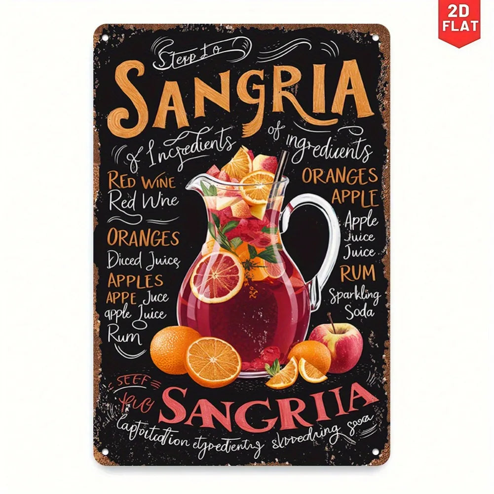 plaque métal vintage sangria ingrédients décoration cuisine lettrage stylisé orange rouge noir illustrations