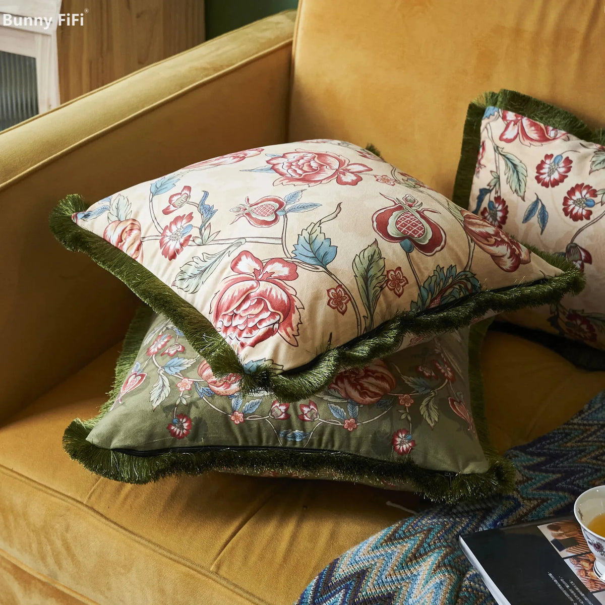 coussin vintage floral rose feuille bleue polyester coton 30x50 45x45 50x50 décoratif chaise canapé