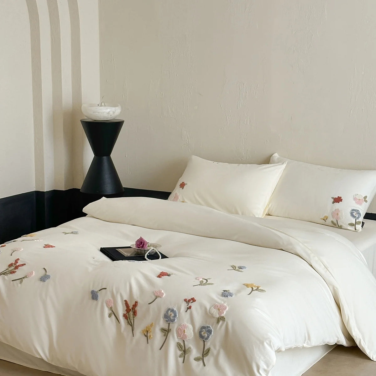 ensemble literie brodé fleurs blanc moderne 100 polyester pièces taies oreiller couvre lit housse