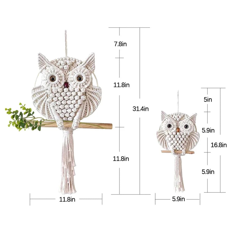 chouettes macramé blanc cassé motifs géométriques boho chic tapisserie murale tresses régulières