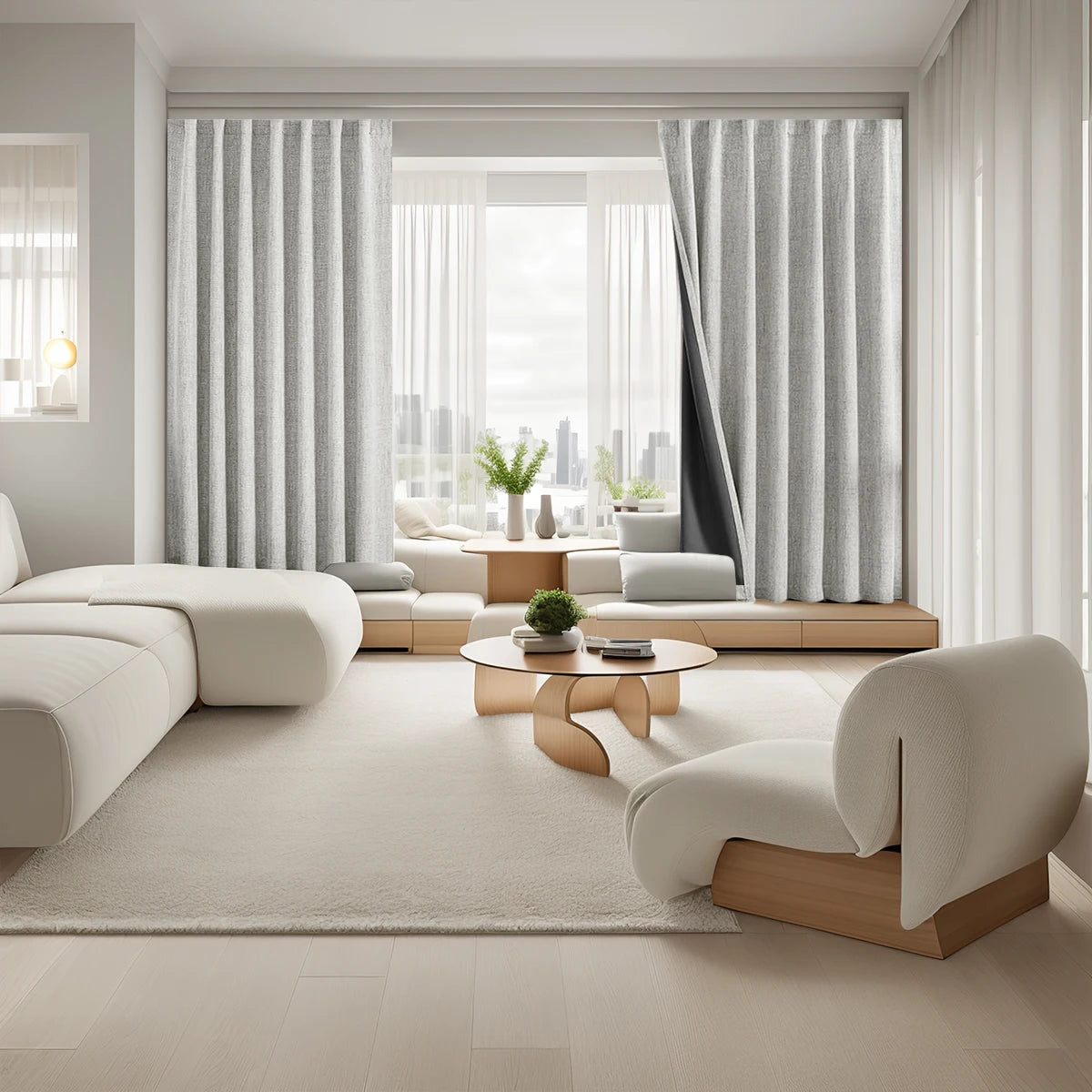 rideau texturé lin gris clair opaque moderne tringle minimaliste chambre salon