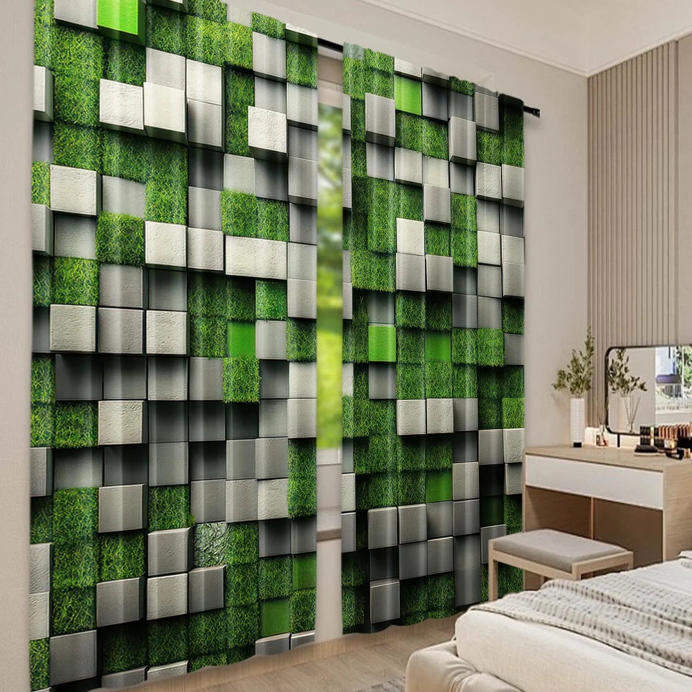 rideau polyester moderne carreaux géométriques vert gris noir opaques 29x65in 41x90in 51x82in