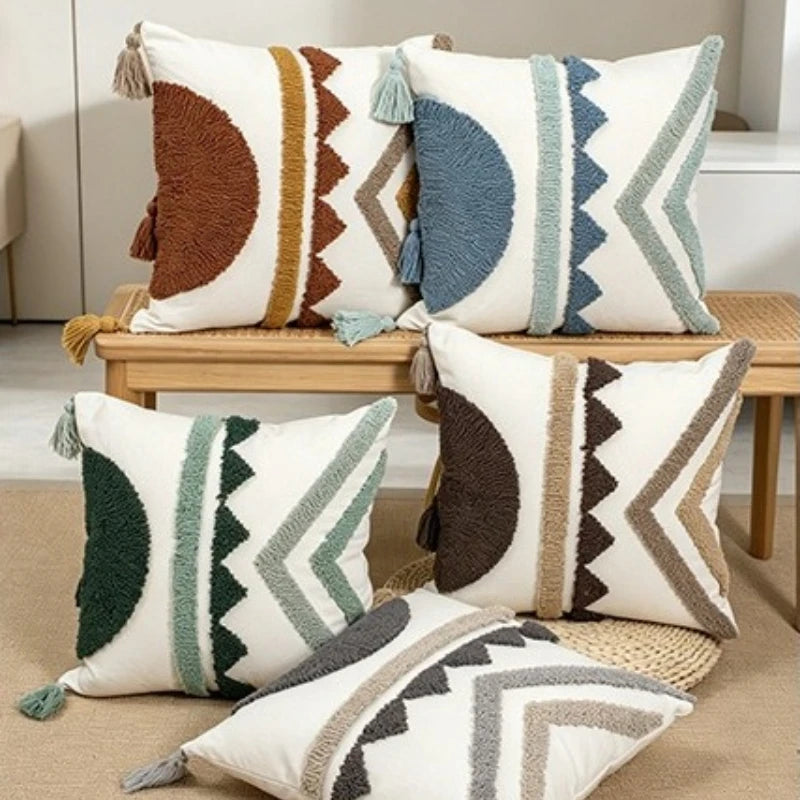 housse coussin bohème géométrique franges polyester 45x45cm 30x50cm décoration salon chambre voiture