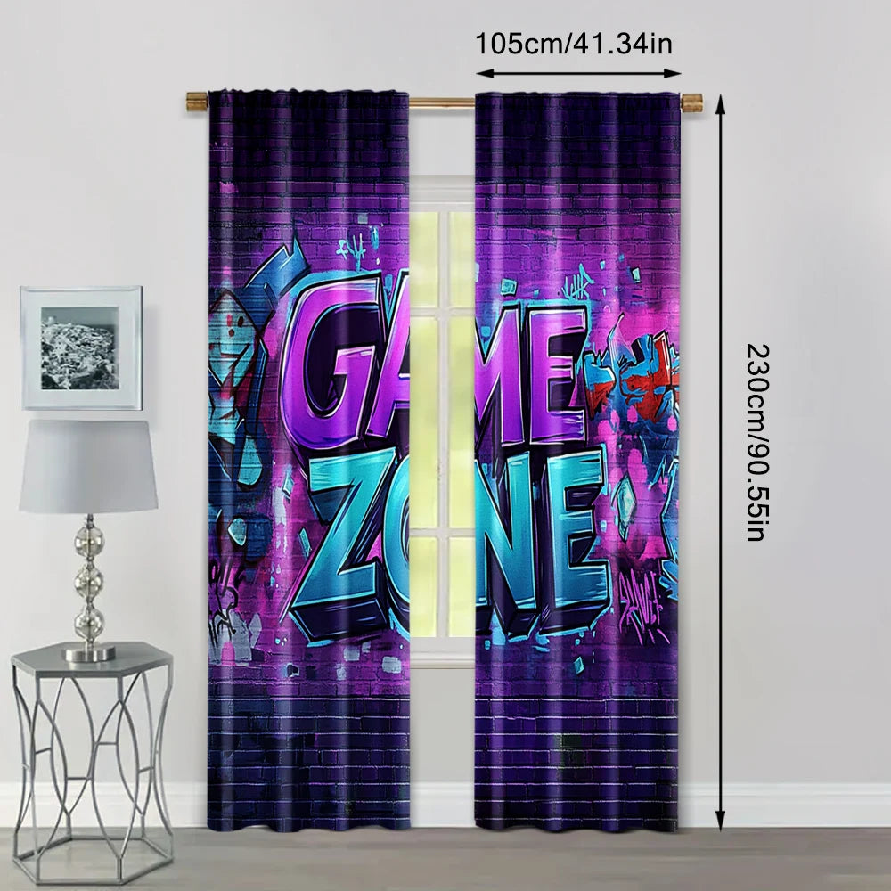 rideaux deux pièces graffiti game zone briques violet turquois rouge blanc urbain
