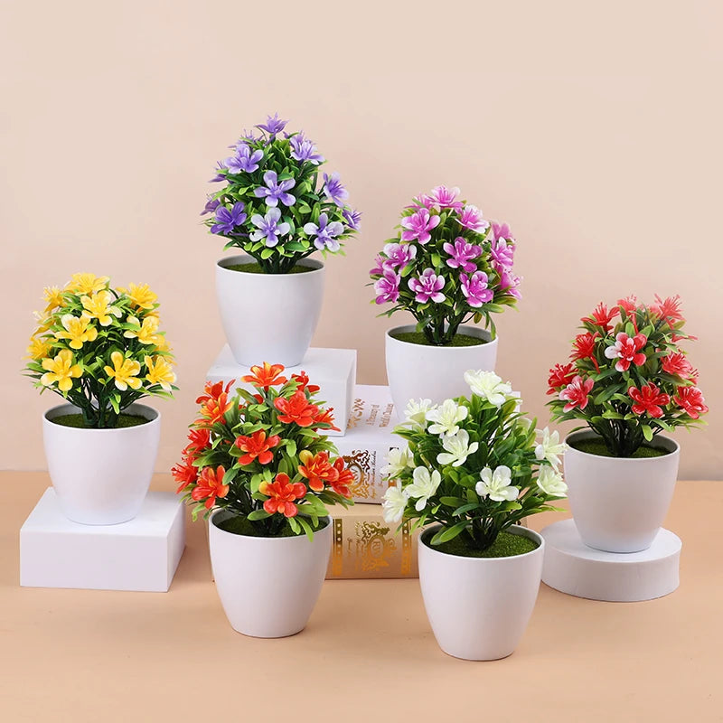 plantes artificielles bonsaï violet jaune blanc rouge fleurs feuilles pot blanc moderneextérieur exposition