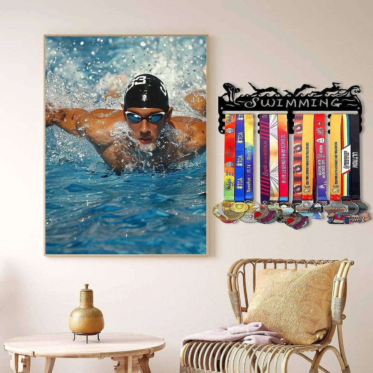 support mural médailles sportif silhouettes joueurs moderne noir fixations murales
