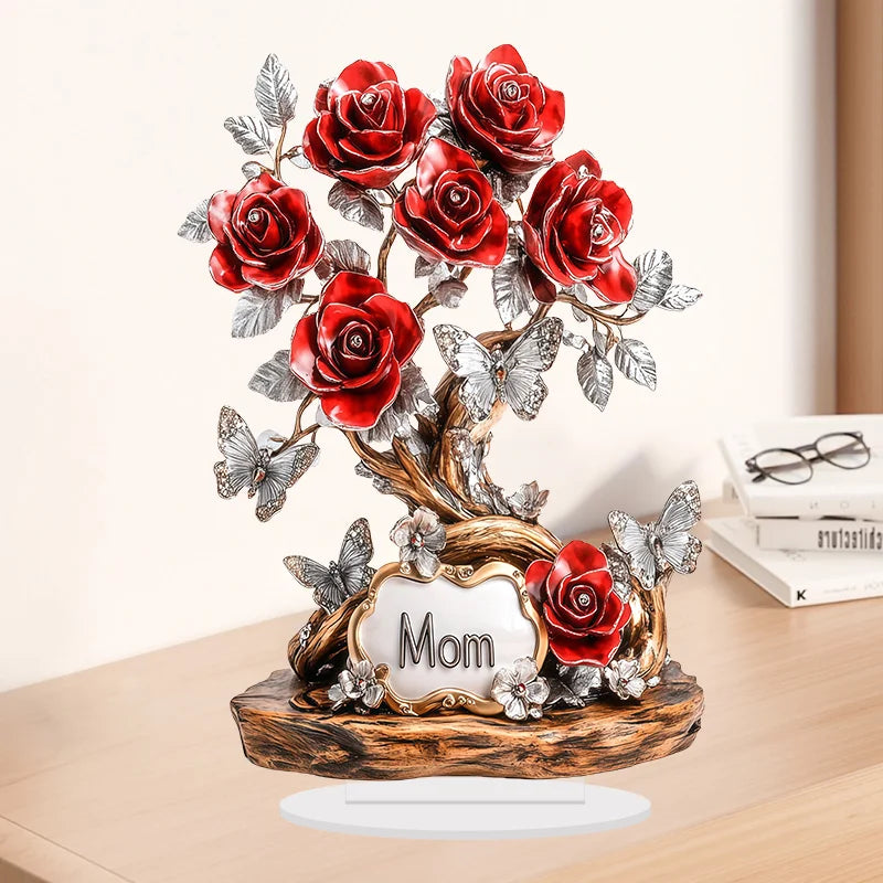 sculpture arbre roses papillons plaque mom rouge argenté marron décoration artisanale chambre festive