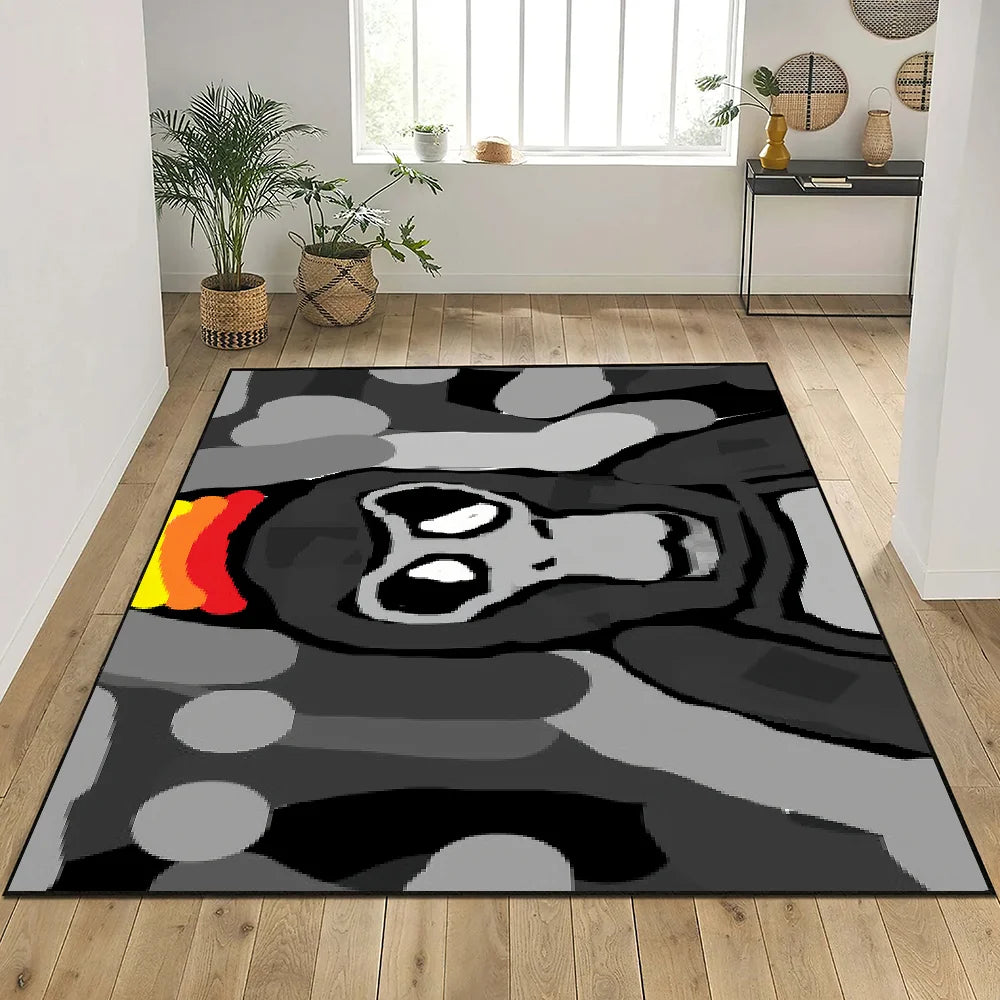 tapis gris noir blanc motif personnage moderne salon antidérapant résistant