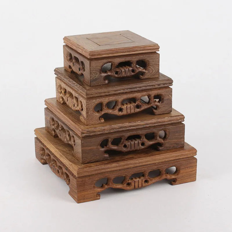 support présentation bois marron foncé figurines moines feng shui artisanal